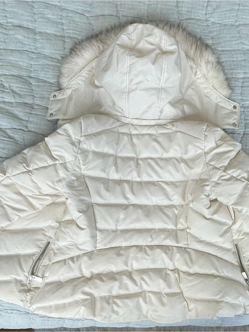 Zara Cream Quilted Hooded Puffer with Faux-Fur Trim